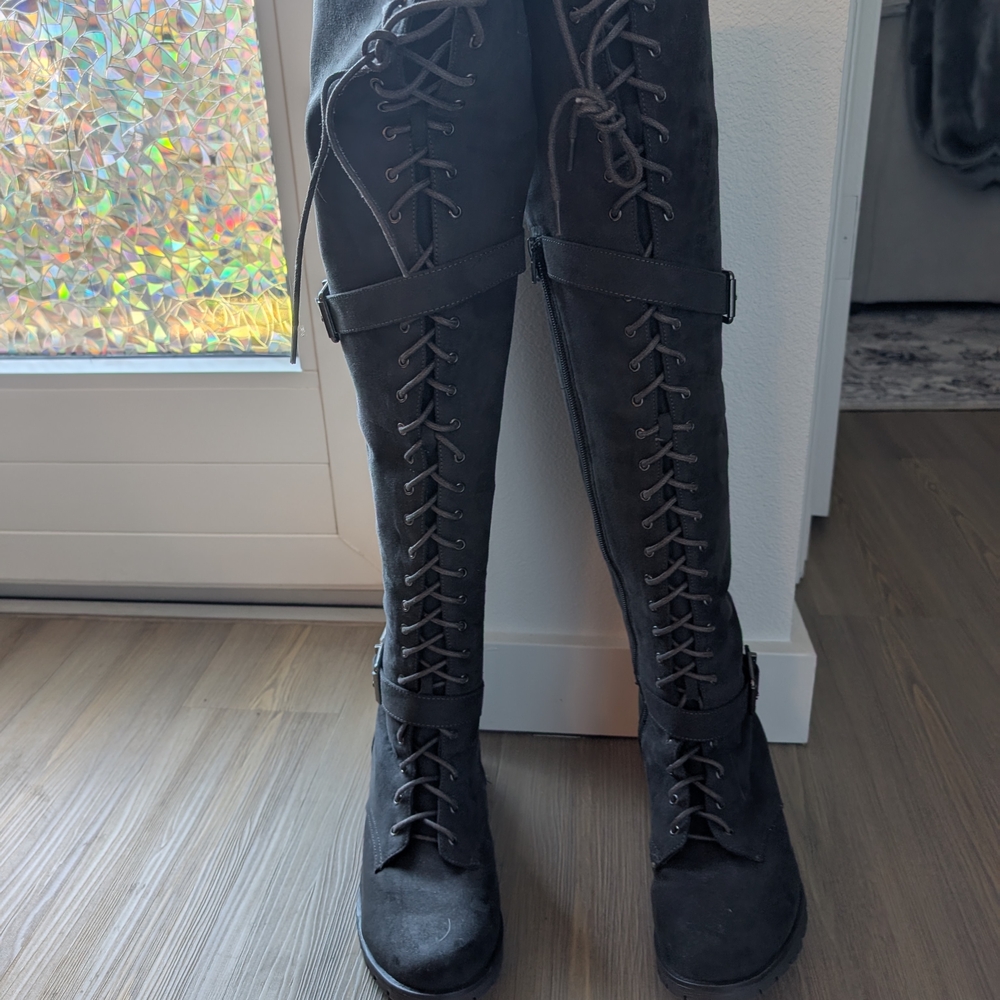 Gray Over the Knee Lace-Up Boots